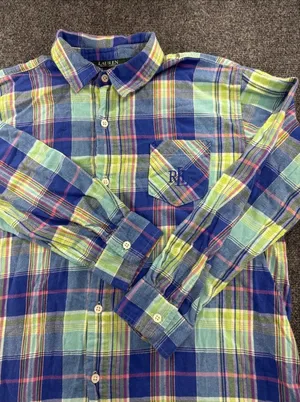 Lauren Ralph Lauren Madras Plaid Shirt Womens M Blue Green Pink RL Monogram thumbnail 1