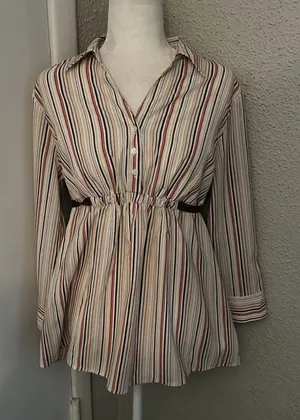 Motherhood Maternity Striped Button Up Tie Belt Elastic Waist Top L Multicolor thumbnail 1