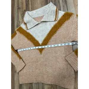 SHEIN Beige Knit Sweater M, Cozy V Chevron Design, Soft Fall‎ Winter Pullover thumbnail 7