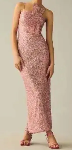 IEENA for Mac Duggal Sequined Twist Front Bow Column Gown Dress Pink Rose US 8 thumbnail 1
