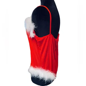 Christmas Santa Baby Holiday Stretch Sheer Mesh Feather Sexy Lingerie Bodysuit thumbnail 3