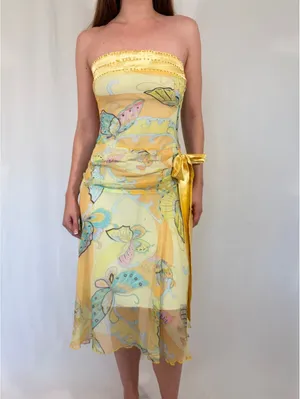 Whimsical Fairy Vintage Butter Yellow Strapless Butterfly Print Dress thumbnail 2