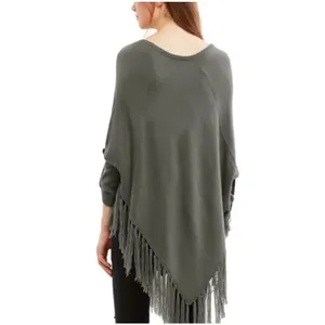 ✨VENUS Gray V-Neck Fringe Tassel Hem Button Cuff Sz S Poncho Sweater✨ thumbnail 6