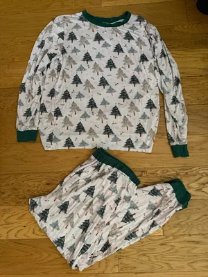 L - WILD WANDER - Cozy Tree-Print women bamboo Pajama Set - Green Trim thumbnail 2