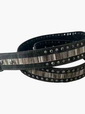 Black Leather Belt with Silver and Bronze Embellishment - No Buckle thumbnail 2