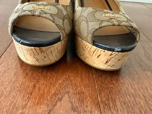Coach Tan Signature Canvas Peep-Toe Slingback Heels with Black Toe thumbnail 4
