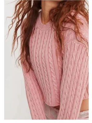 Aerie Pink Cable Knit Cropped Sweater thumbnail 1