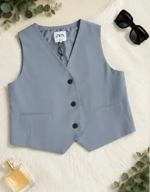 ZARA Light Blue Tailored Suit Vest Top 🩵 Size L thumbnail 1