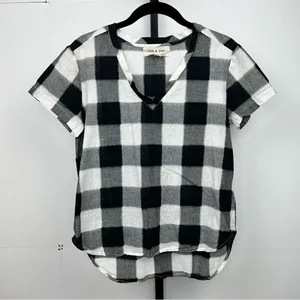 Anthropologie Cloth & Stone Buffalo Check V Neck Short Sleeve Boho Casual Top thumbnail 2