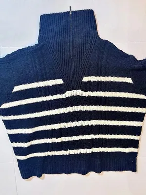 La Ligne x Target Sweater 4X Navy White Cable Knit Quarter Zip Plus Size Coastal thumbnail 2