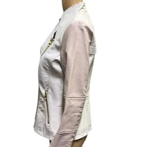 Guess Pink White Faux Leather Moto Jacket Gold Exposed Zipper Womens Small thumbnail 9