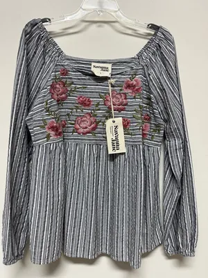 NWT Savanna Jane Striped Peasant Blouse with Pink Floral Embroidery thumbnail 1