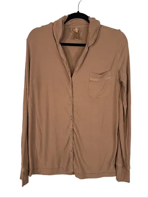 Skims Brown Ribbed PJ Pajamas Top Shirt Womens XS Button Down Casual Cozy Sleep thumbnail 1