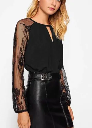 SheIn Grunge Lace Mesh Sleeve Pleated Top thumbnail 3