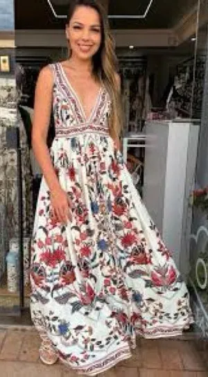 NEW FARM Rio Bohoflor Maxi Dress Birds Tropical Exotic Resortwear Brazil Size XS thumbnail 1