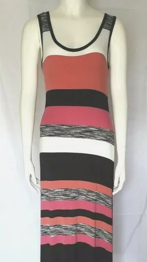 Premise Women's Maxi Dress multi coral black‎ stripe white stretch beachy Small thumbnail 1