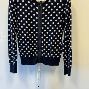 Ann Taylor Navy White Polka Dot Zip Front Cardigan Sweater Cashmere Blend Medium thumbnail 4
