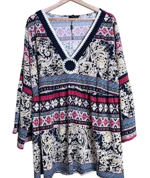 Melissa Paige Tunic Blouse 3X Blue Peasant Crochet Paisley Empire Bell Sleeve thumbnail 1