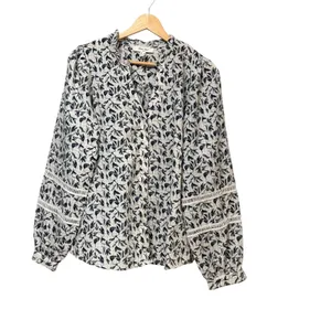 Haver + Blair London Navy Leaf Print Ruffle Neck Crochet Sleeve Blouse Medium thumbnail 2