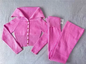Pink Cable Knit Mock Neck Sweater & Fold-over Leggings thumbnail 1
