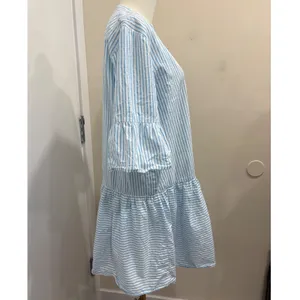 Addison Bay Blue White Striped Tiered Mini Sun Shirt Dress Cotton Poplin Medium thumbnail 4