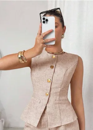 SHEIN Beige Tweed Sleeveless Peplum Button Front Top thumbnail 1