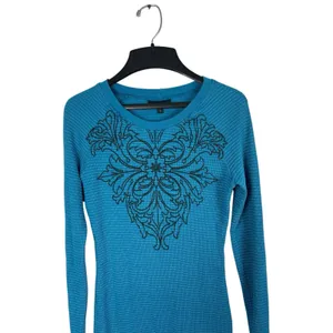 VTG Y2K Athleta Blue Waffle Longer Arm Black Flower Grunge 2000s Top S thumbnail 2