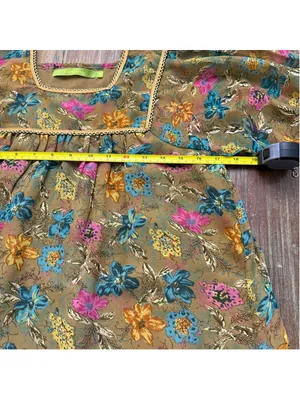 Rapsodia Boho Floral Mini Dress Square Neck Gold Beaded Trim Size S Puff Sleeve thumbnail 11