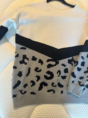 SHEIN Cream, Gray & Black Leopard Colorblock Crewneck Sweater thumbnail 2
