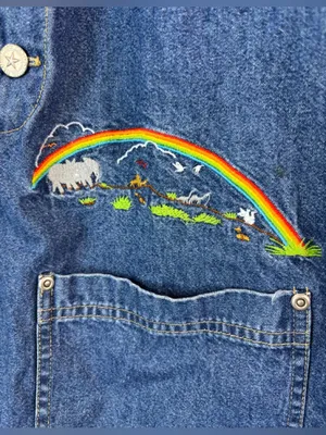 True Blue M Cottagecore Noah’s Arc Embroidered Overalls Denim Jumper Dress thumbnail 2