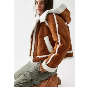 Free‎ People Vegan Leather Shearling Hooded Jacket Small Bohemian Western Winter thumbnail 3