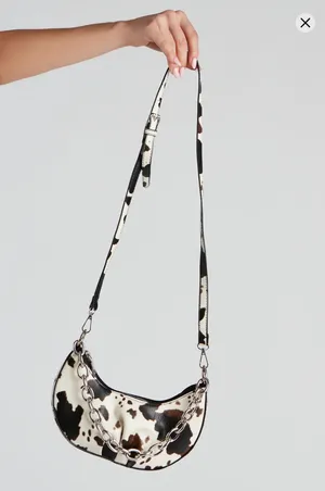 Cow Print Crossbody Purse Handbag Small Shoulder Bag Silver Chain Zip Closure thumbnail 2