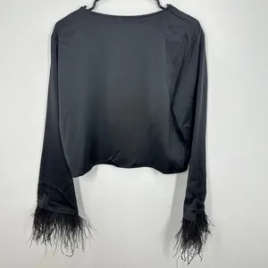 WAYF Black Satin Feather Trim Long Sleeve Crop Top Women's Size‎ S NWT Shopbop thumbnail 11