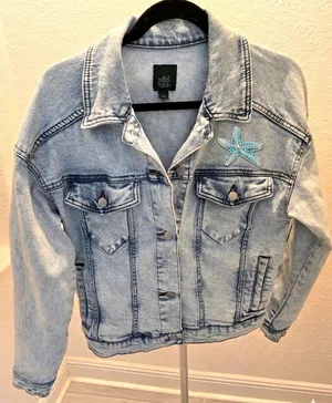 Wild Fable Beaded Pearl Starfish Jean Jacket Blue Acid Wash Trucker S-XS Womens thumbnail 1