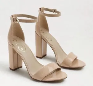 SAM EDELMAN Yaro Block Heel Sandal in Beige Patent Leather Size 9 thumbnail 1