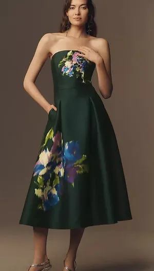 Sachin Babi Shay Strapless Green Tea Length Dress 4/6 AS IS thumbnail 1
