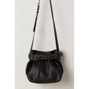 NWT!! FREE PEOPLE Black Leather Embellished Belt Bucket Bag Studded Studs Solid thumbnail 7