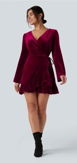 Halara V-neck Long Sleeve Wrapped Ruffle Hem Mini Casual Velvet Dress thumbnail 1