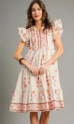 Umgee Printed Tie Neck‎ Ruffle Cap Sleeve Dress thumbnail 1