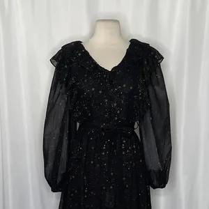 BY THE RIVER Chiffon Midi Dress Ruffled Black Gold Stars Party Glam Star Small‎ thumbnail 3