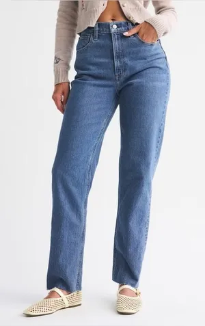 Abercrombie & Fitch The 90's Straight Ultra High Rise Medium‎ Wash Raw Hem 16/33 thumbnail 1