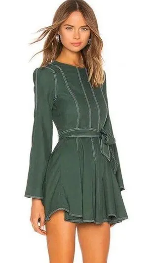 Tularosa Nicole Dress Sycamore Green Pleated Mini Dress Bell Sleeve Size XXS thumbnail 1