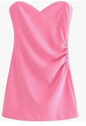 Zara Strapless Sweetheart Neck Ruched Mini Dress Bubble Gum Pink Medium thumbnail 2