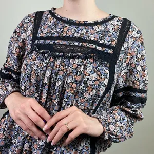 American Eagle Black Floral Lace Trim Long Sleeve Open Tie Back Blouse Size L thumbnail 7