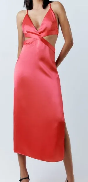 Zara Satin Sleeveless V-Neck Slip Midi Dress with Waist Cutout Pink Medium thumbnail 1