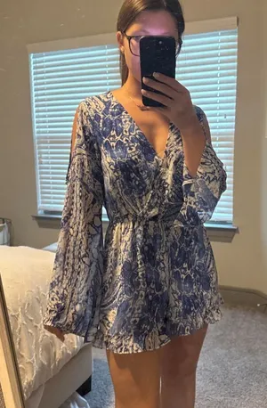 Blue and White Snake Print Long Sleeve Romper thumbnail 1