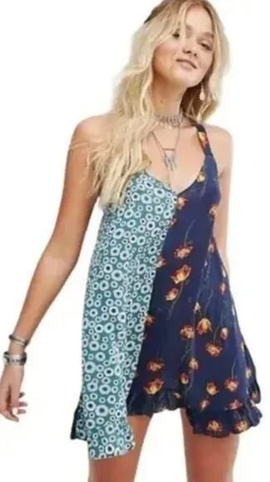 Free People Back To Back Tank Slip Dress Patchwork Boho Floral Blue Combo Small thumbnail 1