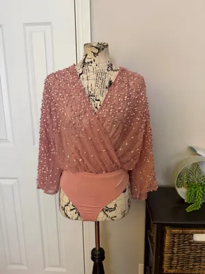 NWOT Asos Maya Bodysuit Sequin Embellished Blush Wrap Blouse sz 8 thumbnail 4