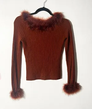 Vtg y2k 2000s Fur Trim Top Medium Brown Ribbed Retro Vintage thumbnail 1
