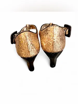 Kenzie ‘GINGER’ Gold Glitter Peep Toe Wedge Kitten Heel Mary Jane Sandals Sz 8 thumbnail 7